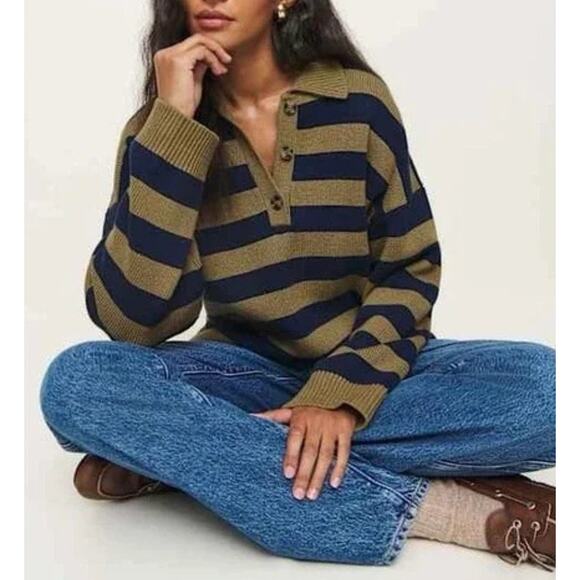 Reformation Brooklyn Cotton Polo Sweater Size Small Collared Navy Gold Stripe - Picture 2 of 8